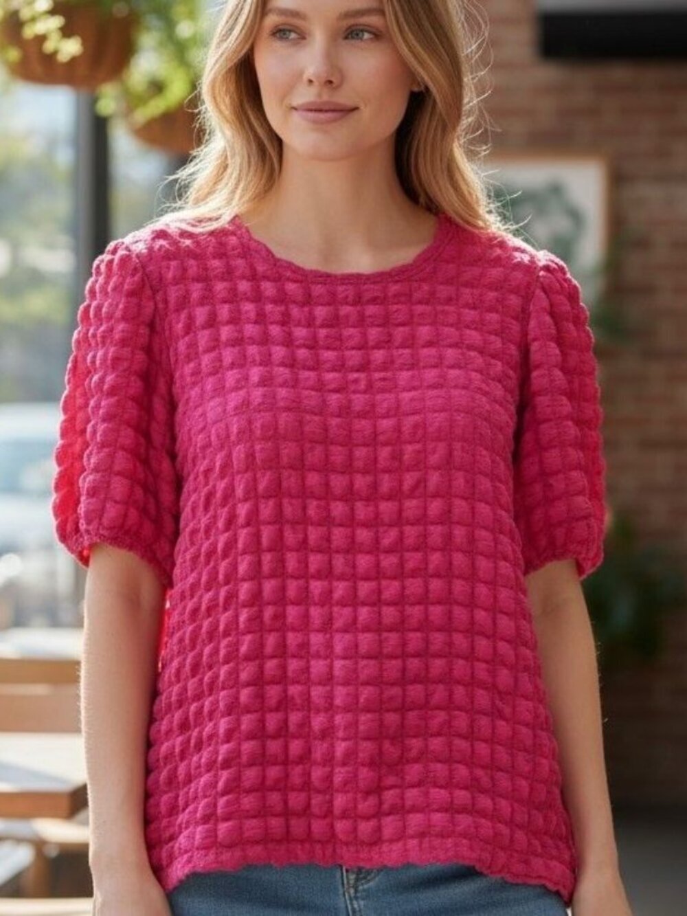 And The Why Sz XL Bubble Textured Puff Short Sleeve Womens Bright Pink Top